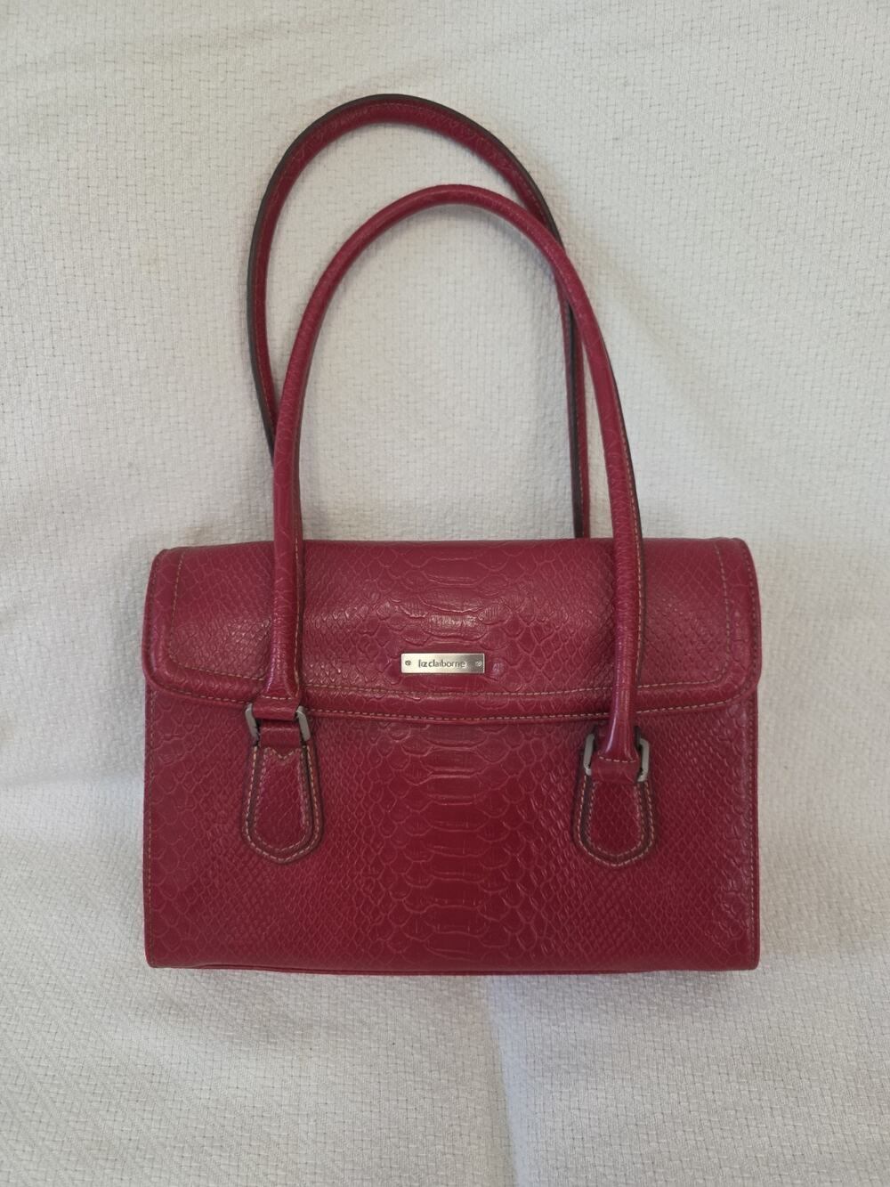 Liz Claiborne Red Snake Embossed Shoulder Bag Tote Satchel Purse Double Handles